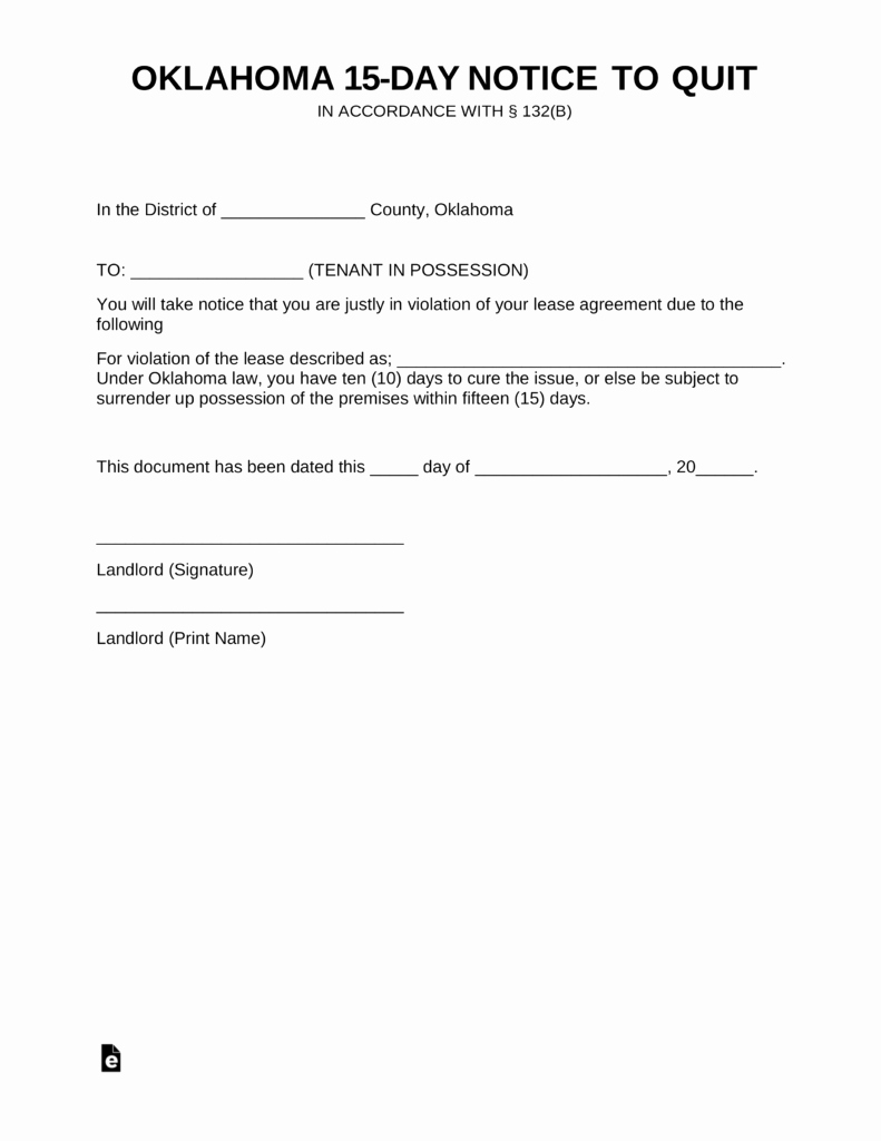 Notice to Quit form Lovely Oklahoma 10 15 Day Notice to Quit form