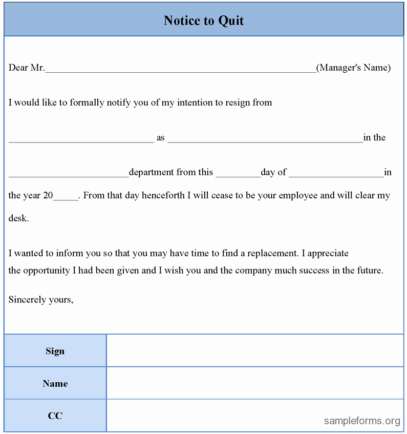Notice to Quit form New Notice to Quit form Sample Notice to Quit form