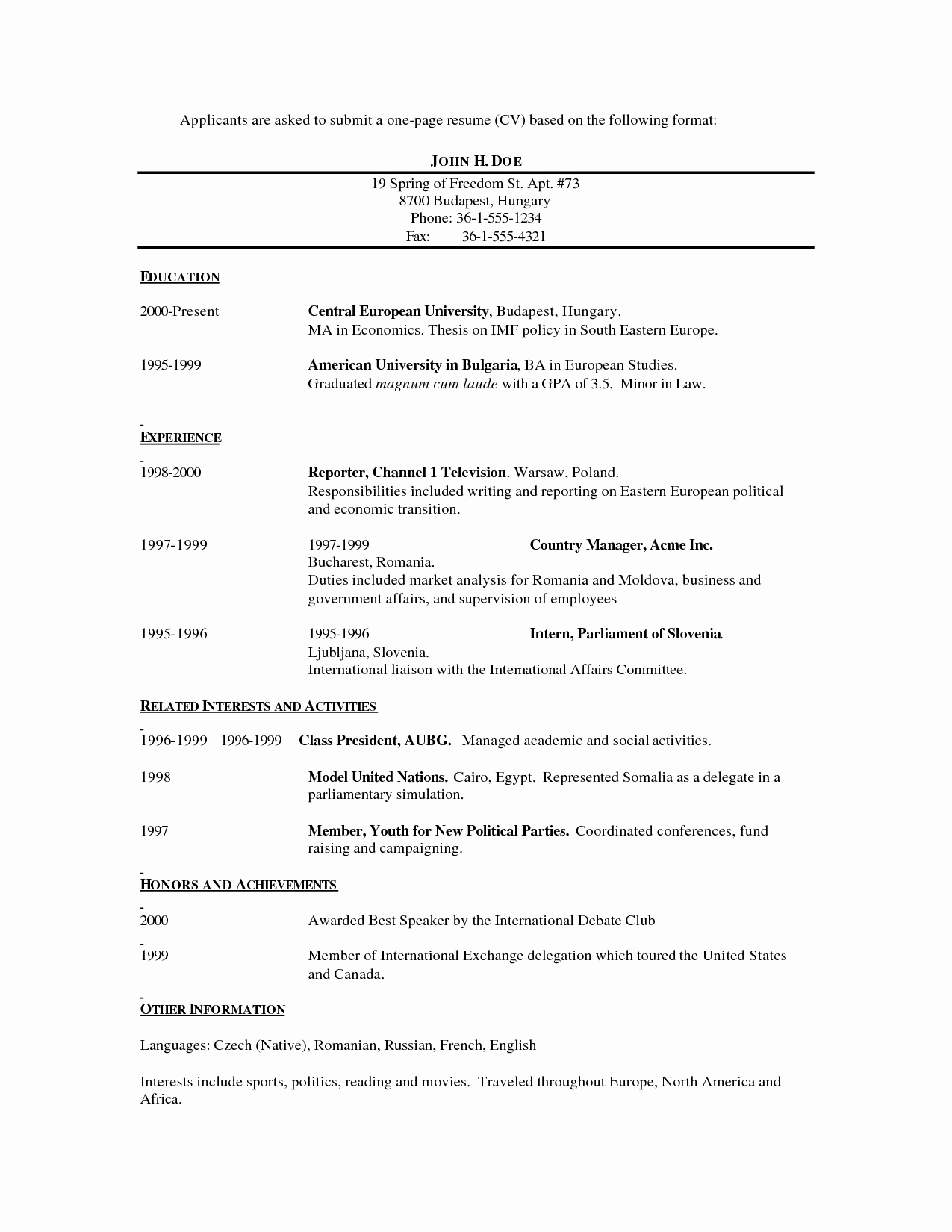 One Page Resume Examples Fresh E Page Resume Template