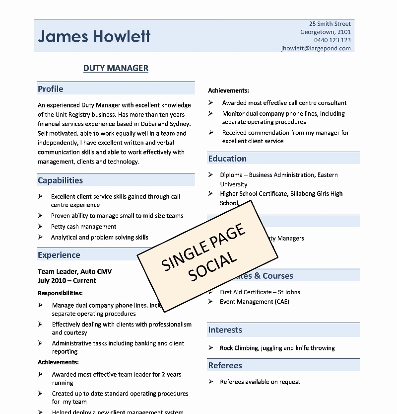 One Page Resume Examples Inspirational E Page Resume Template