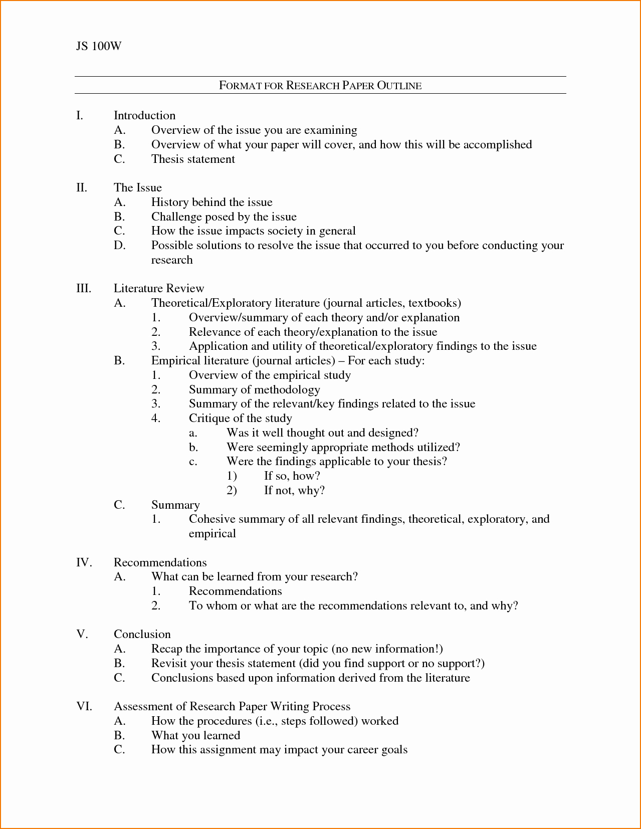 Outline Of A Paper Lovely 6 Research Outline Template