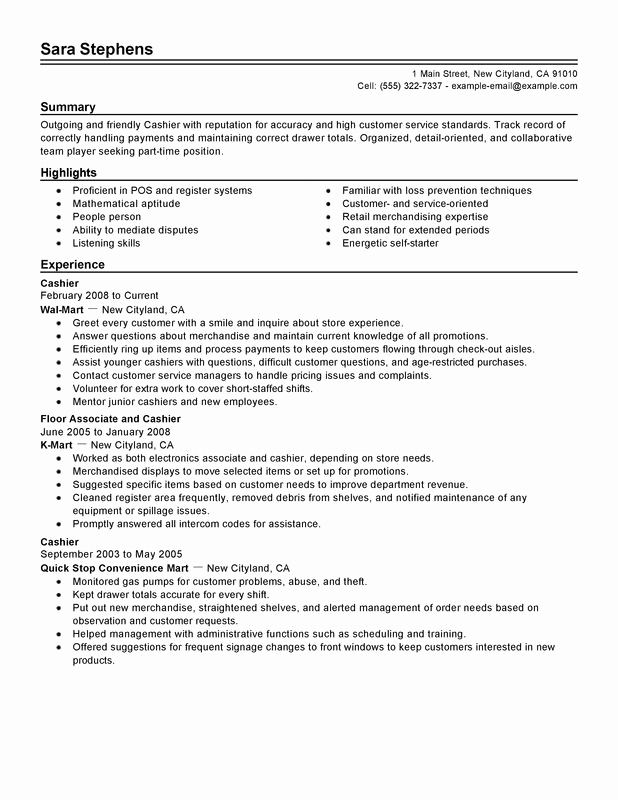 Part Time Job Resume Awesome Unfor Table Part Time Cashiers Resume Examples to Stand