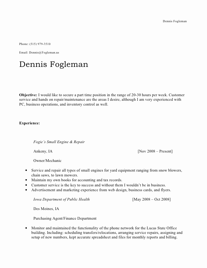 Part Time Job Resume Luxury Dennis Fogleman Part Time Resume