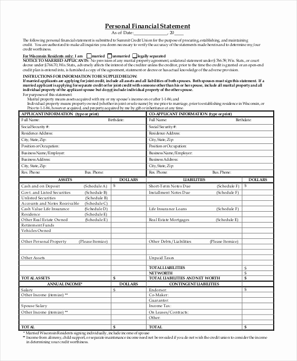Personal Financial Statement Excel Beautiful Personal Financial Statement 9 Free Excel Pdf