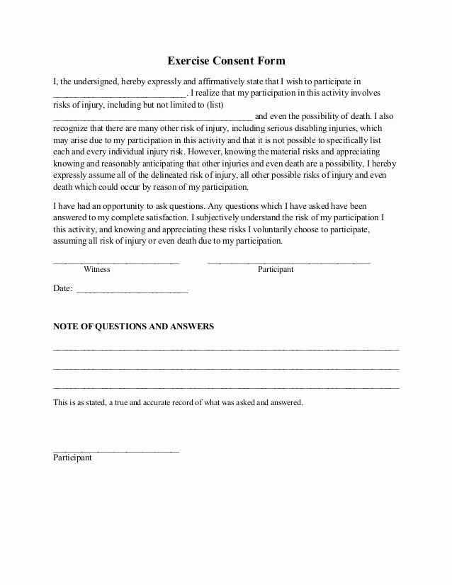 Personal Injury Waiver form Elegant Exercise Consent form