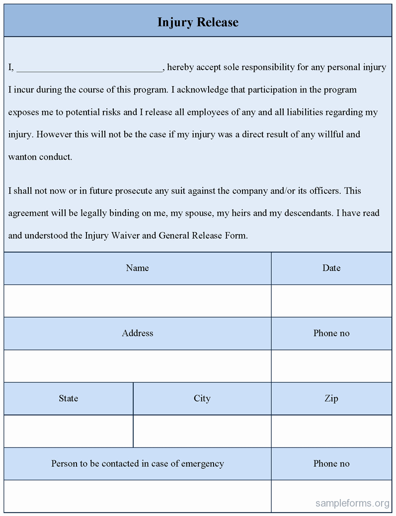Personal Injury Waiver form Fresh Injury Release form Sample forms