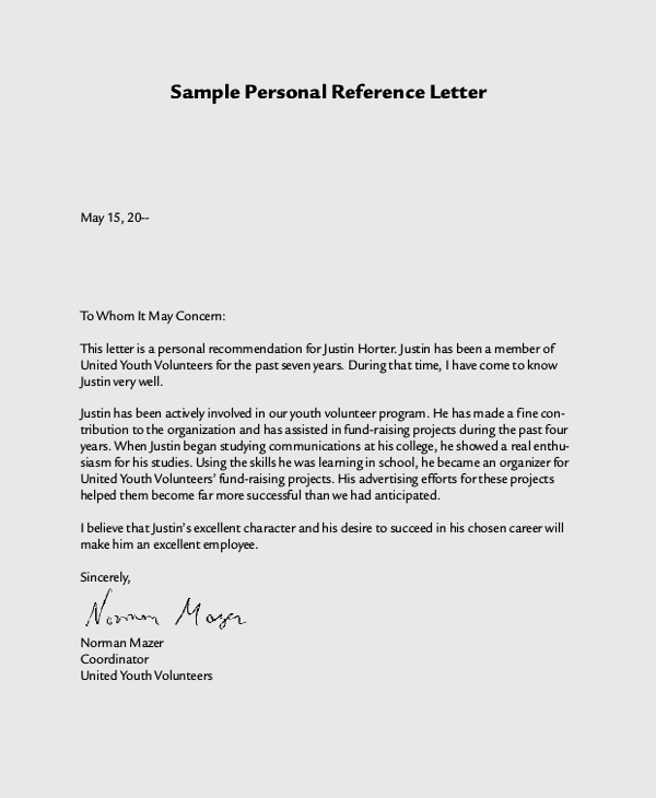 Personal Recommendation Letter Sample New 7 Personal Reference Letter Sample