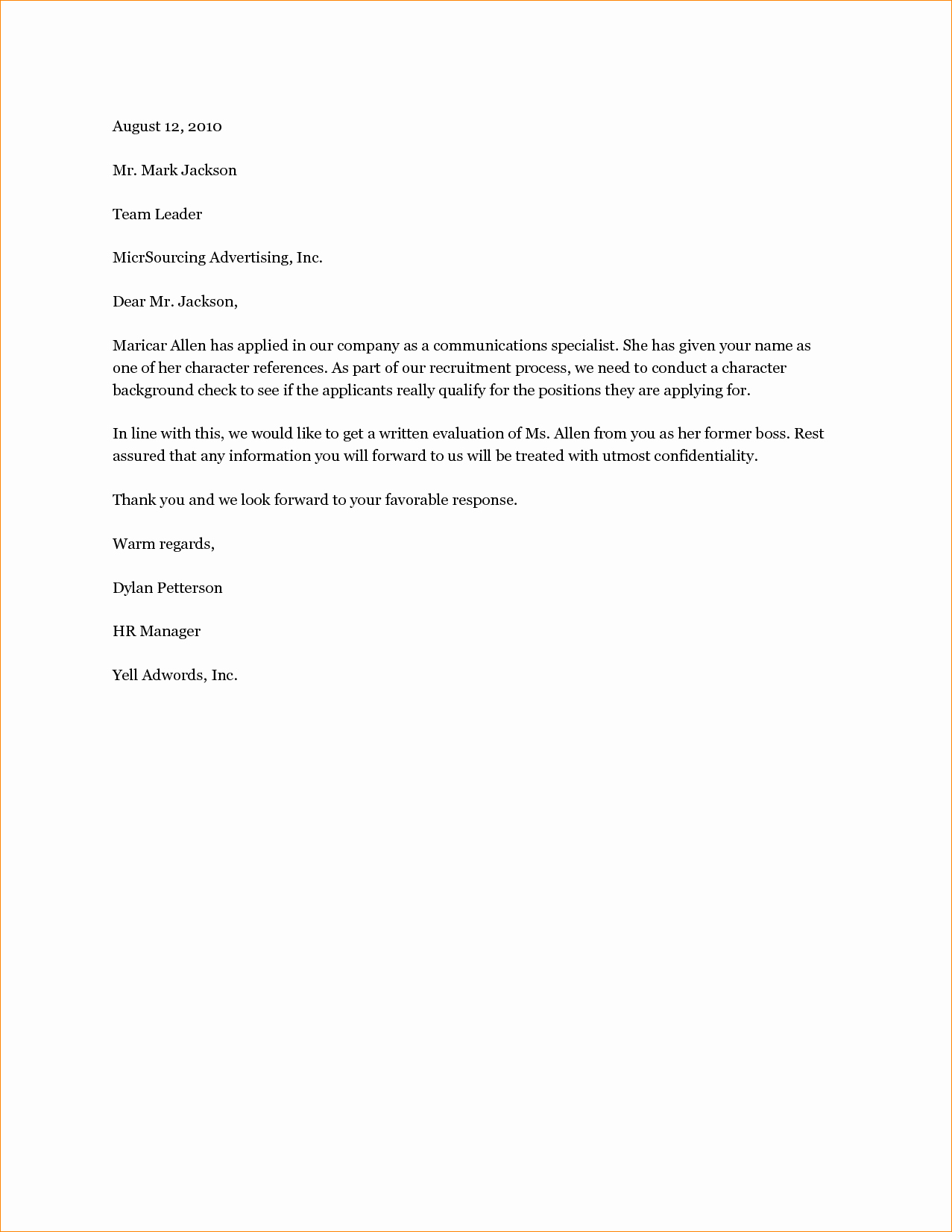 Personal Reference Letter Template Word Unique Sample Character Reference Letter
