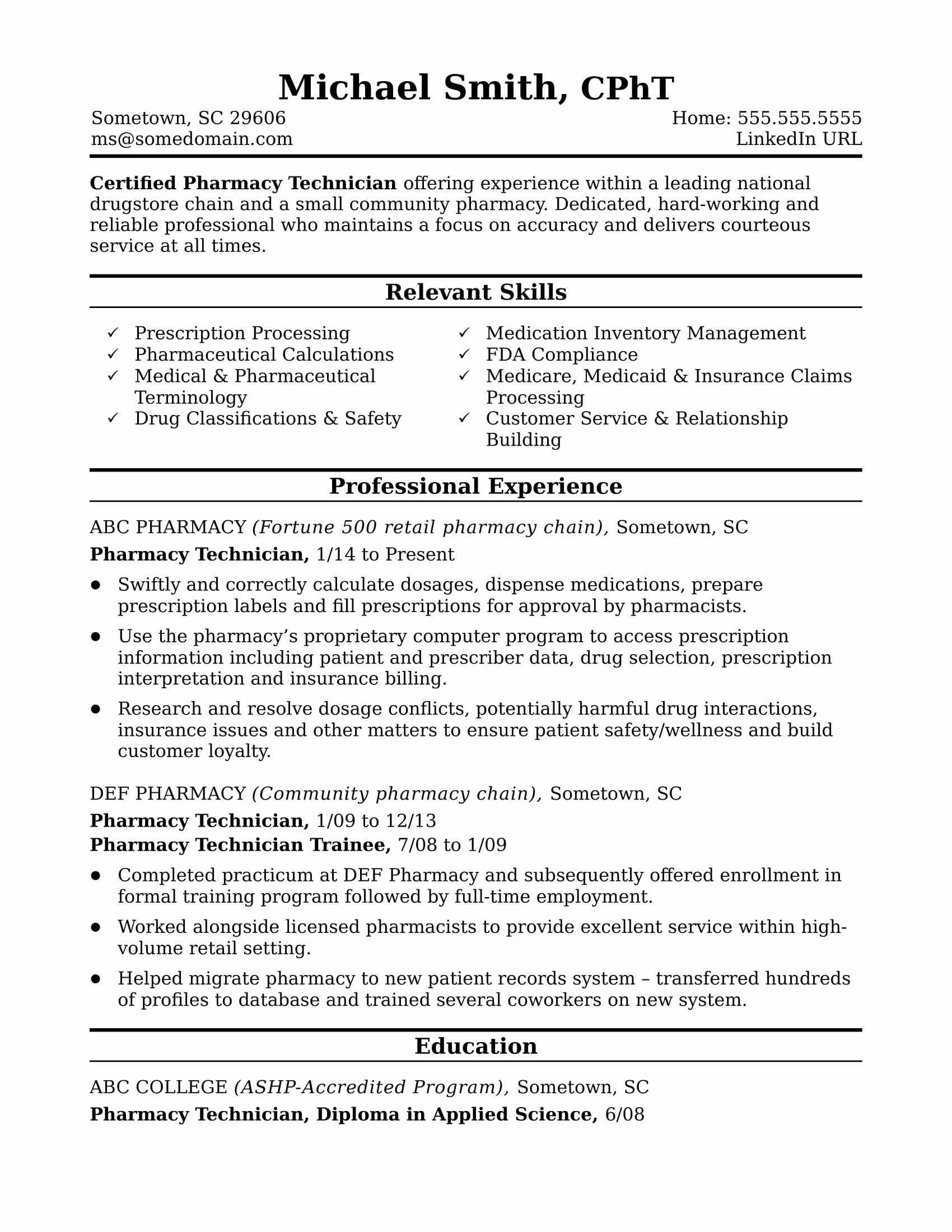 Pharmacy Technician Resume Sample New Midlevel Pharmacy Technician Resume Sample