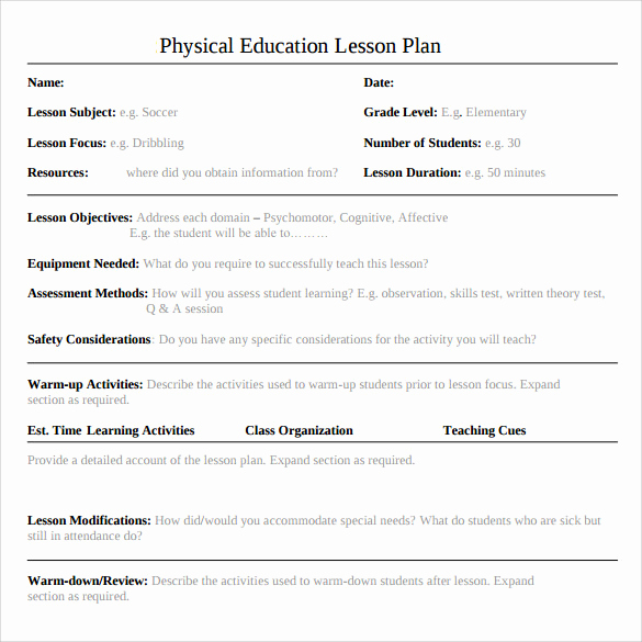 Phys Ed Lesson Plan Template Awesome Sample Physical Education Lesson Plan 14 Examples In