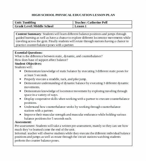 Phys Ed Lesson Plan Template Luxury Physical Education Lesson Plans for High School Best