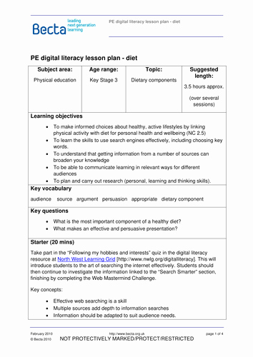 Physical Education Lesson Plans Template Fresh Digital Literacy Lesson Plan Pe by Ictfrombecta