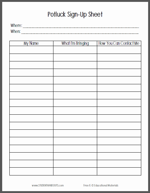 Pot Luck Sign Up Sheet Awesome Potluck Sign Up Sheet Free to Print