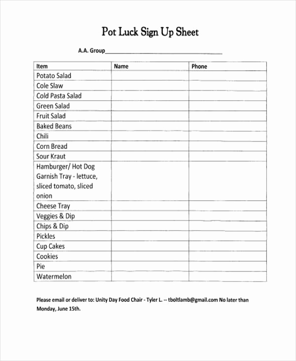 Potluck Sign Up Sheet Template Awesome 7 Potluck Signup Sheet Templates Free Sample Example