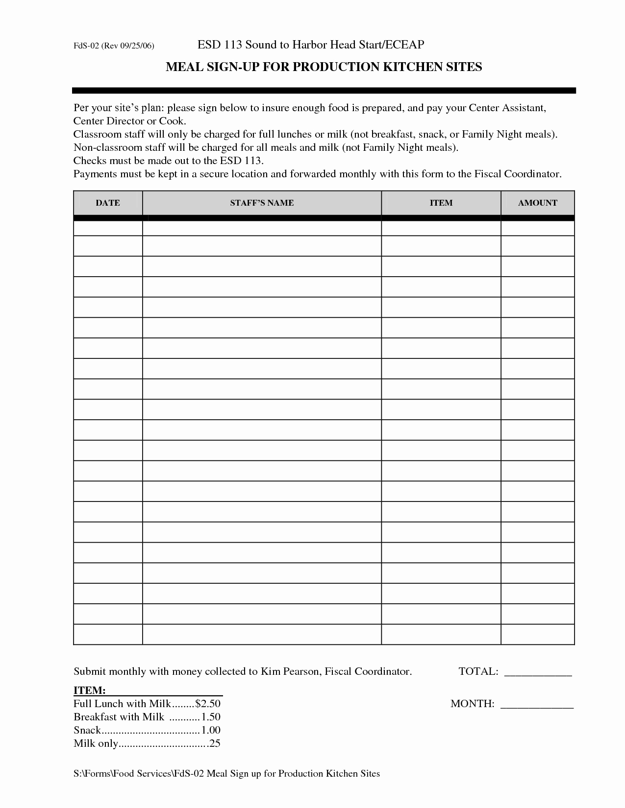 meal sign up sheet template