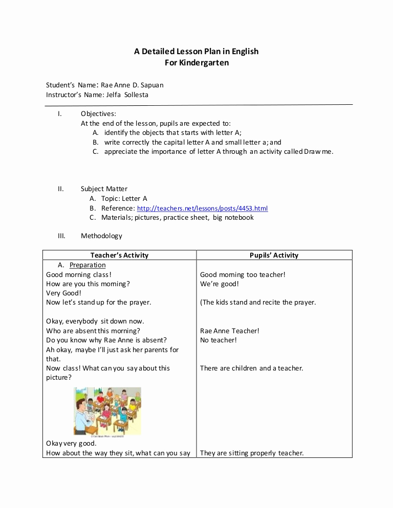 Prek Lesson Plan Template Best Of Detailed Lesson Plan In English for Kindergarten