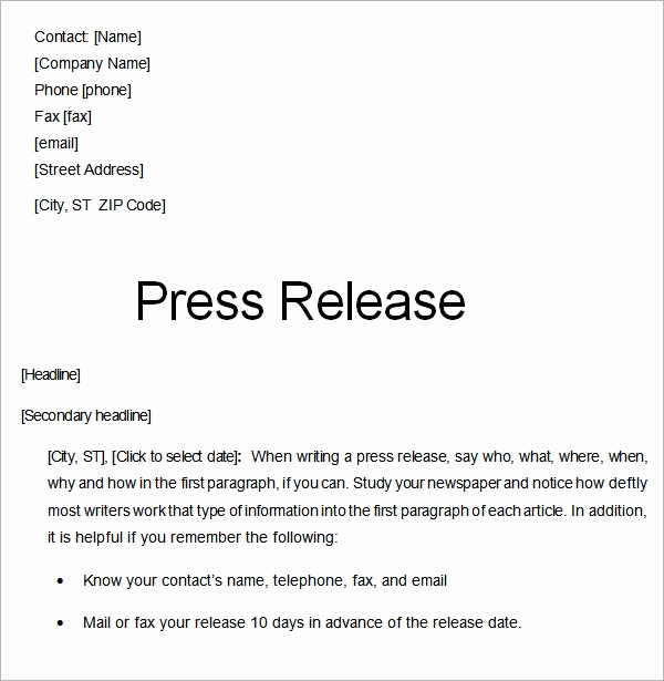 Press Release format Template Lovely Sample Press Release Templates 7 Free Documents