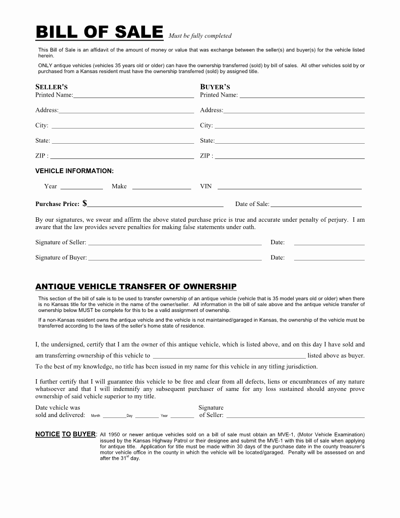 Printable Bill Of Sale form Luxury Free Kansas Vehicle Bill Of Sale form Download Pdf