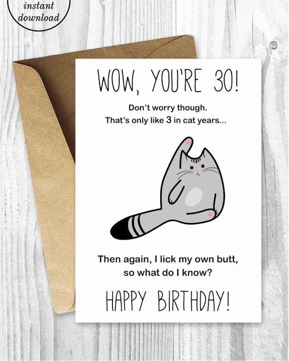 Printable Funny Birthday Card Fresh 30th Birthday Card Printable Birthday Card Funny Cat