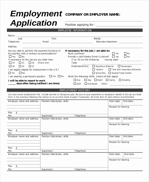 Printable Generic Job Application Inspirational 8 Generic Employment Application Samples