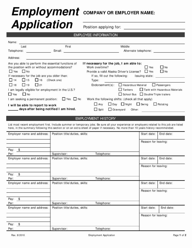 Printable Generic Job Application Luxury 10 Employment Application form Free Samples Examples