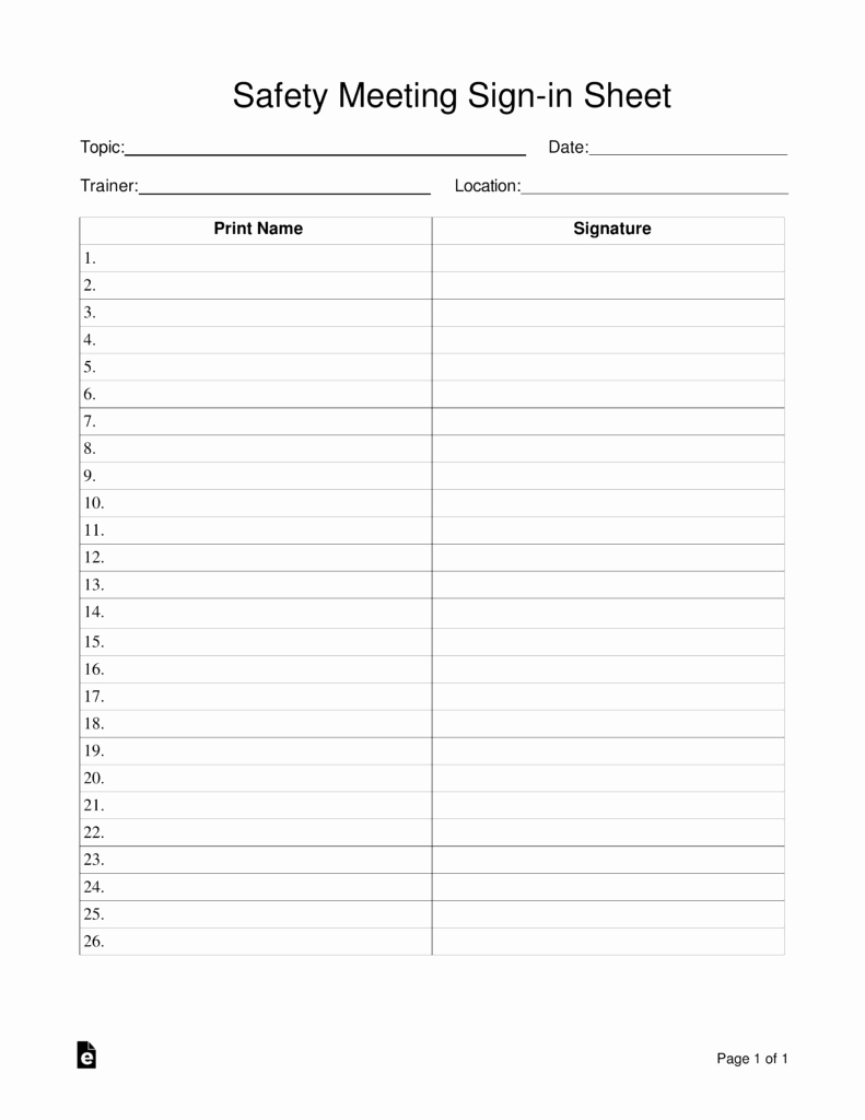 Printable Sign In Sheet Elegant Safety Meeting Sign In Sheet Template