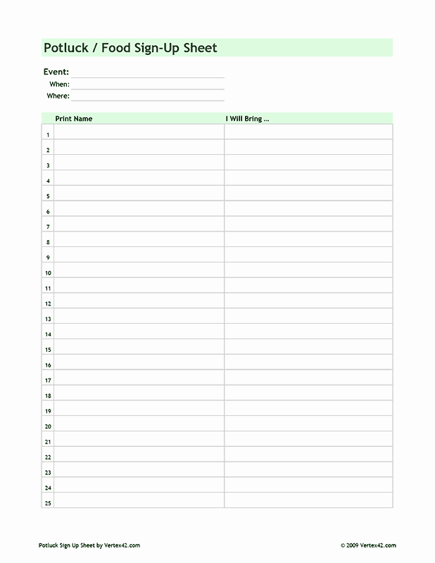 Printable Sign Up Sheet Best Of Free Printable Potluck Sign Up Sheet Pdf From Vertex42