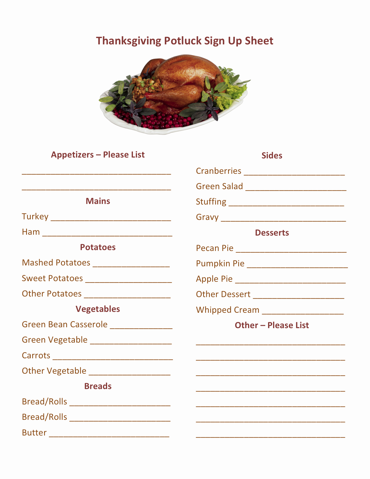 Printable Sign Up Sheet Inspirational Thanksgiving Potluck Sign Up Printable