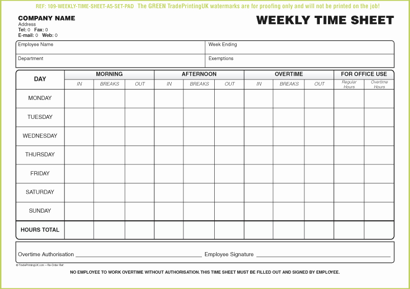 Printable Weekly Time Sheets New Free Daily Timesheet Template form Printed From £50