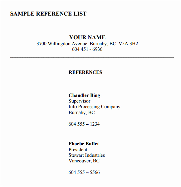 Professional Reference List Template Word New List References Template