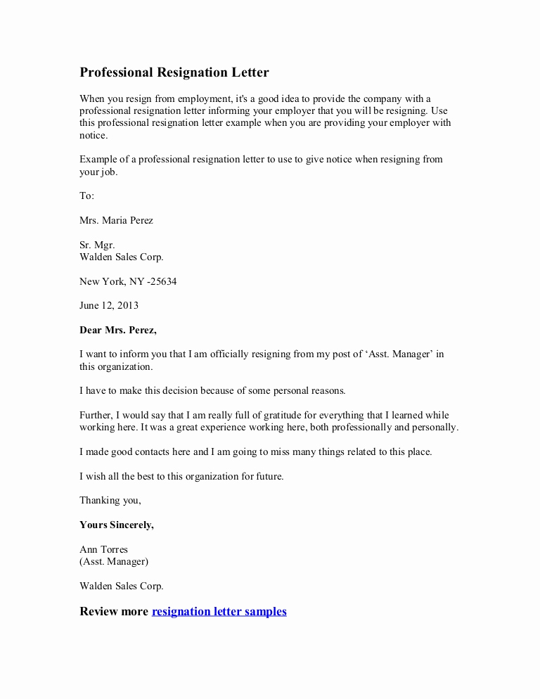 Professional Resignation Letter Sample Inspirational Professional Resignation Letter