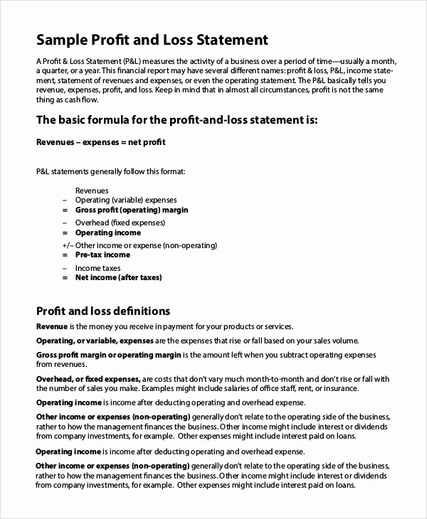 Profit and Loss Statement form Awesome Sample Profit and Loss form 9 Examples In Pdf Word