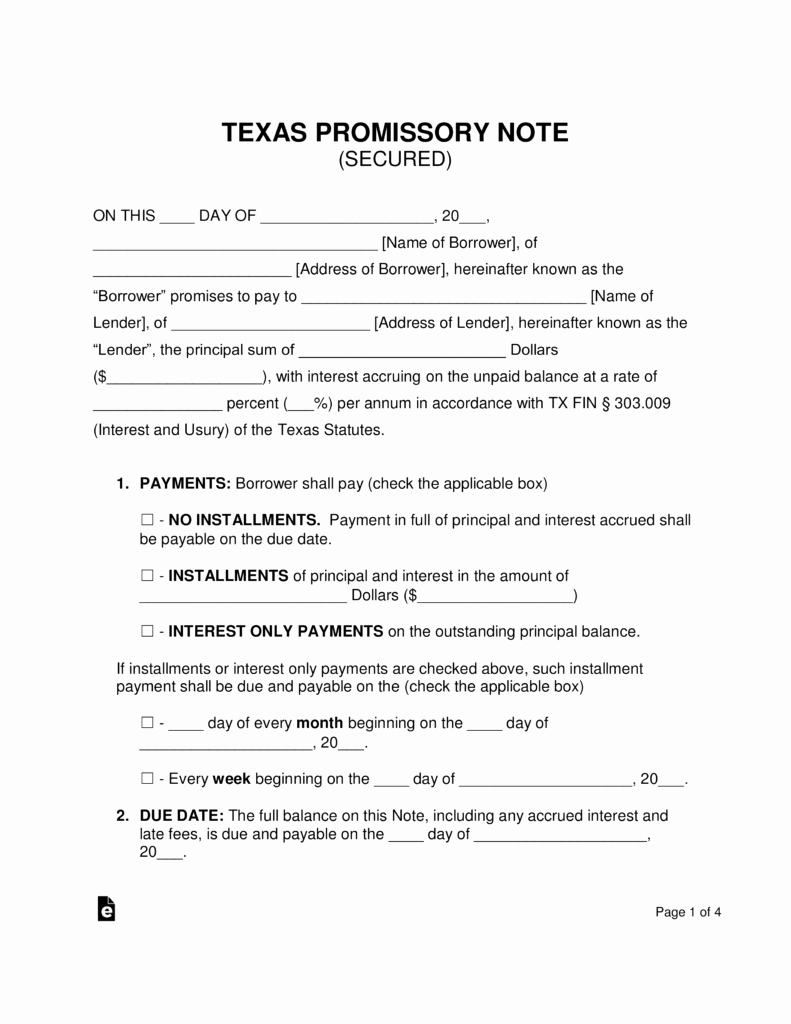 texas secured promissory note template