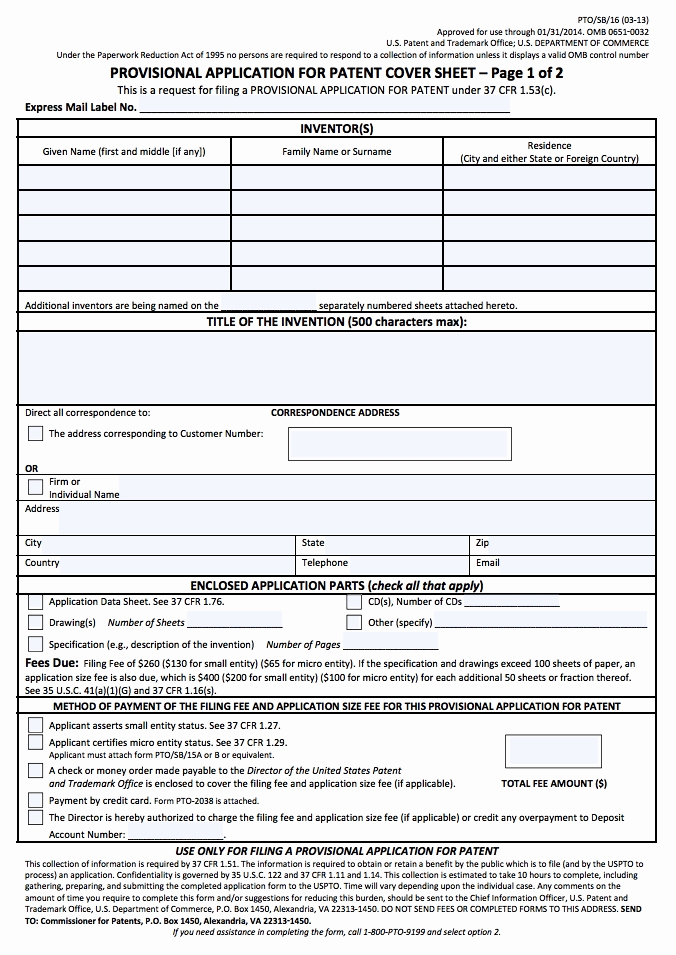 Provisional Patent Application form Awesome Downloadable forms — Provisional Patents