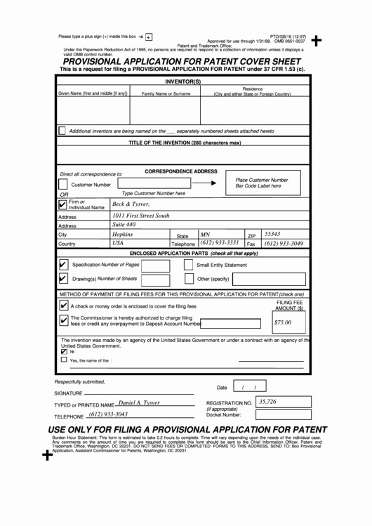 Provisional Patent Application Template Beautiful Fillable Provisional Application for Patent Cover Sheet