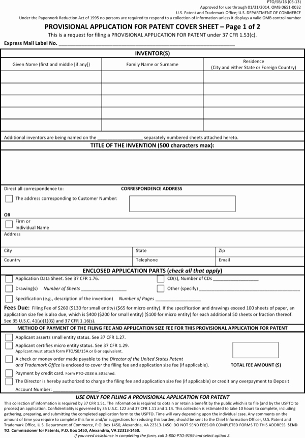Provisional Patent Application Template Lovely Download Patent Provisional Application form Pdf format