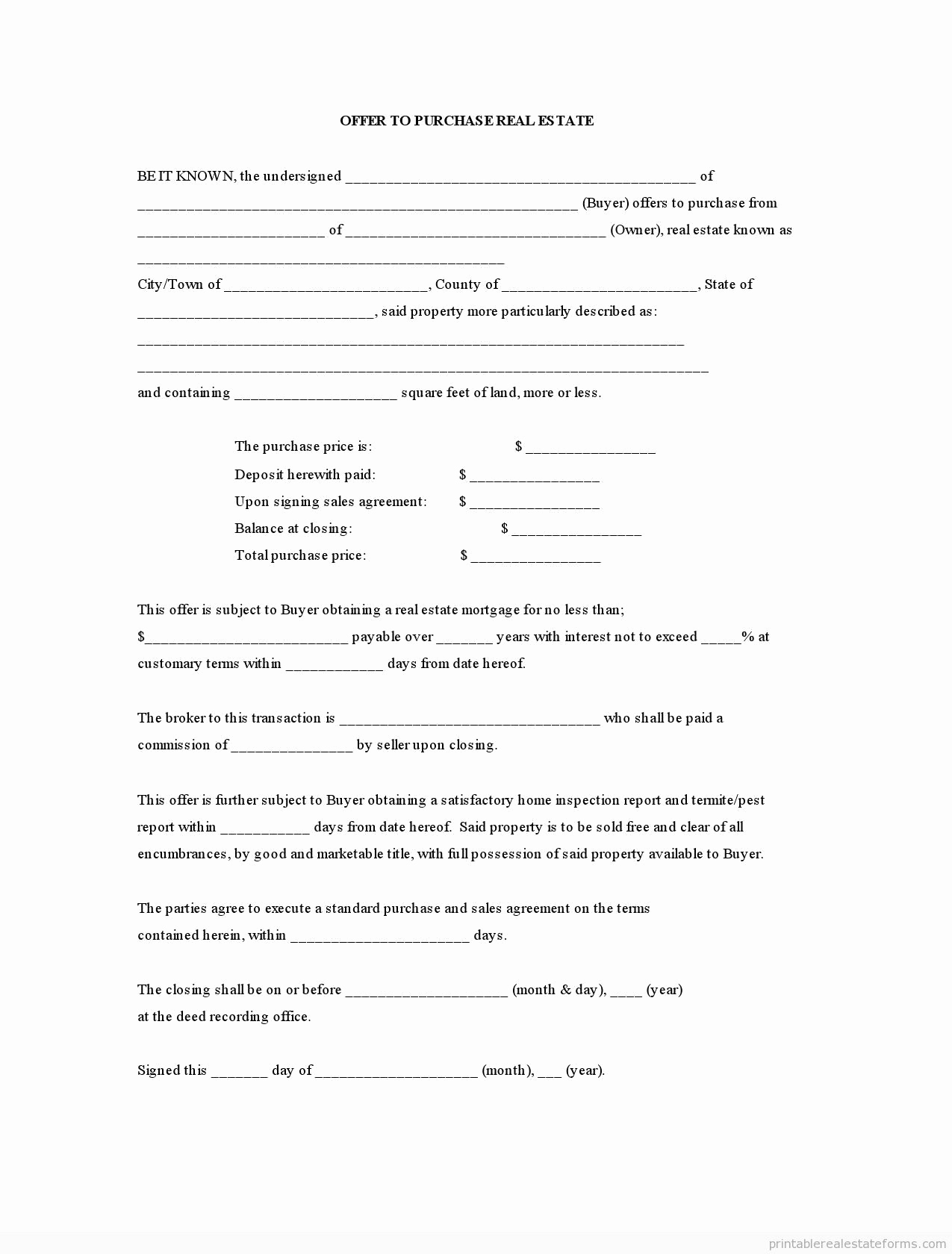 Real Estate Offer form Unique Free Printable Fer to Purchase Real Estate form Pdf