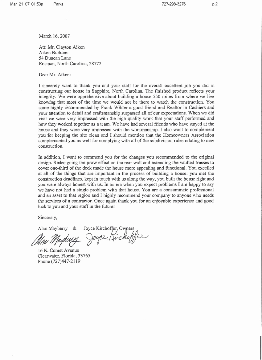 Recommendation Letter for A Job Fresh Aiken Builders Mayberry Letter Of Re Mendation