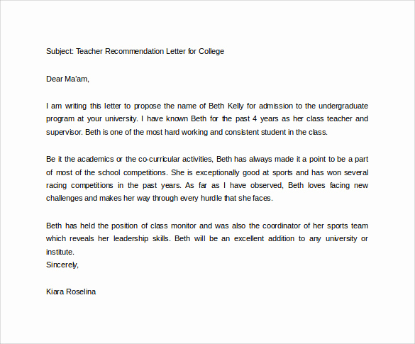Recommendation Letter for Teacher Awesome 18 College Re Mendation Letters Pdf Word