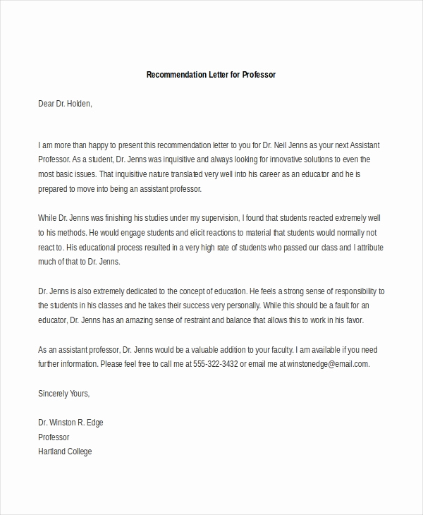 Recommendation Letter From Professor Inspirational Sample Re Mendation Letter format 8 Free Documents In