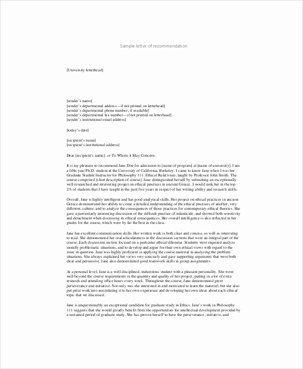 Recommendation Letter From Professor Lovely 7 Sample Re Mendation Letter From Professor