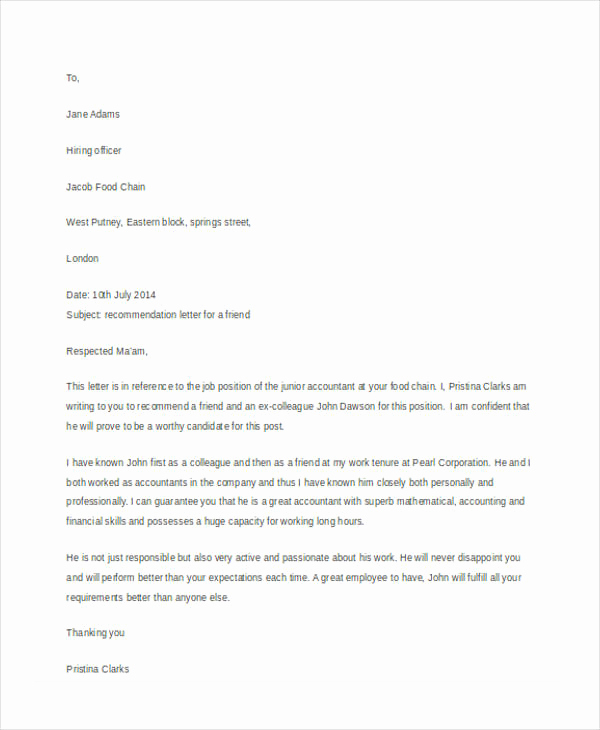 Reference Letter for Friend Beautiful 54 Re Mendation Letter Example Templates