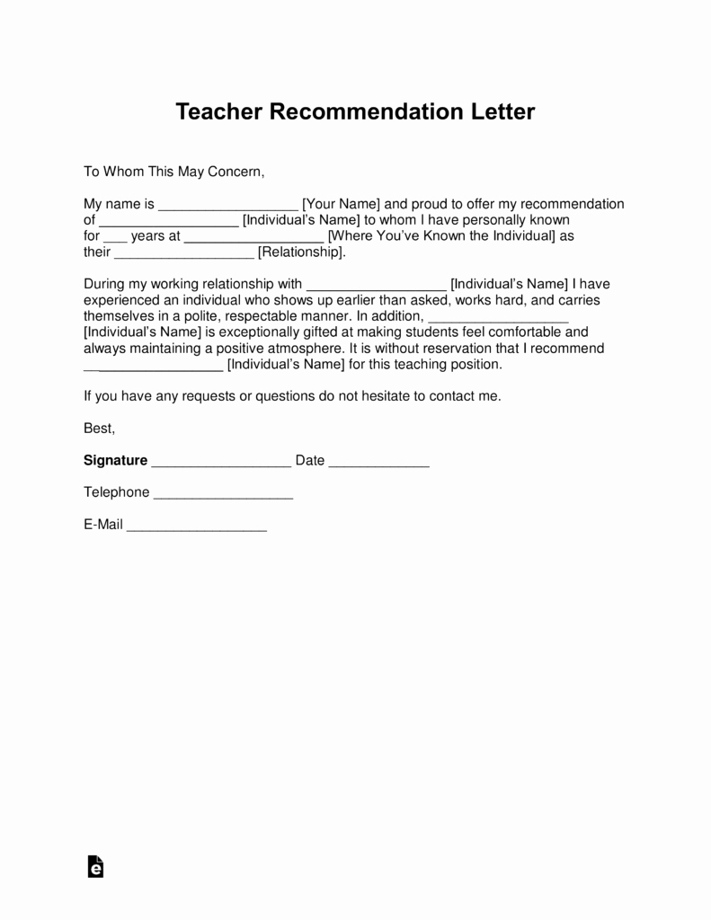 Reference Letter for Teaching Elegant Free Teacher Re Mendation Letter Template with Samples