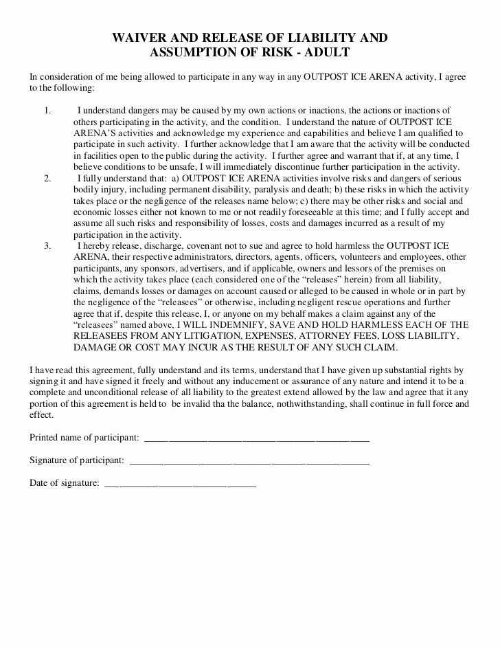 Release From Liability form Best Of Free Printable Release and Waiver Liability Agreement