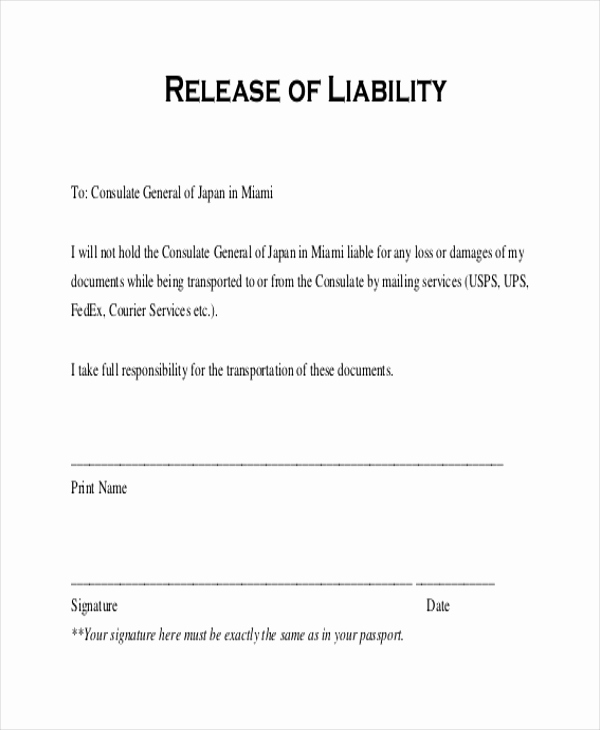 Release From Liability form Inspirational Sample Release Of Liability form 11 Free Documents In