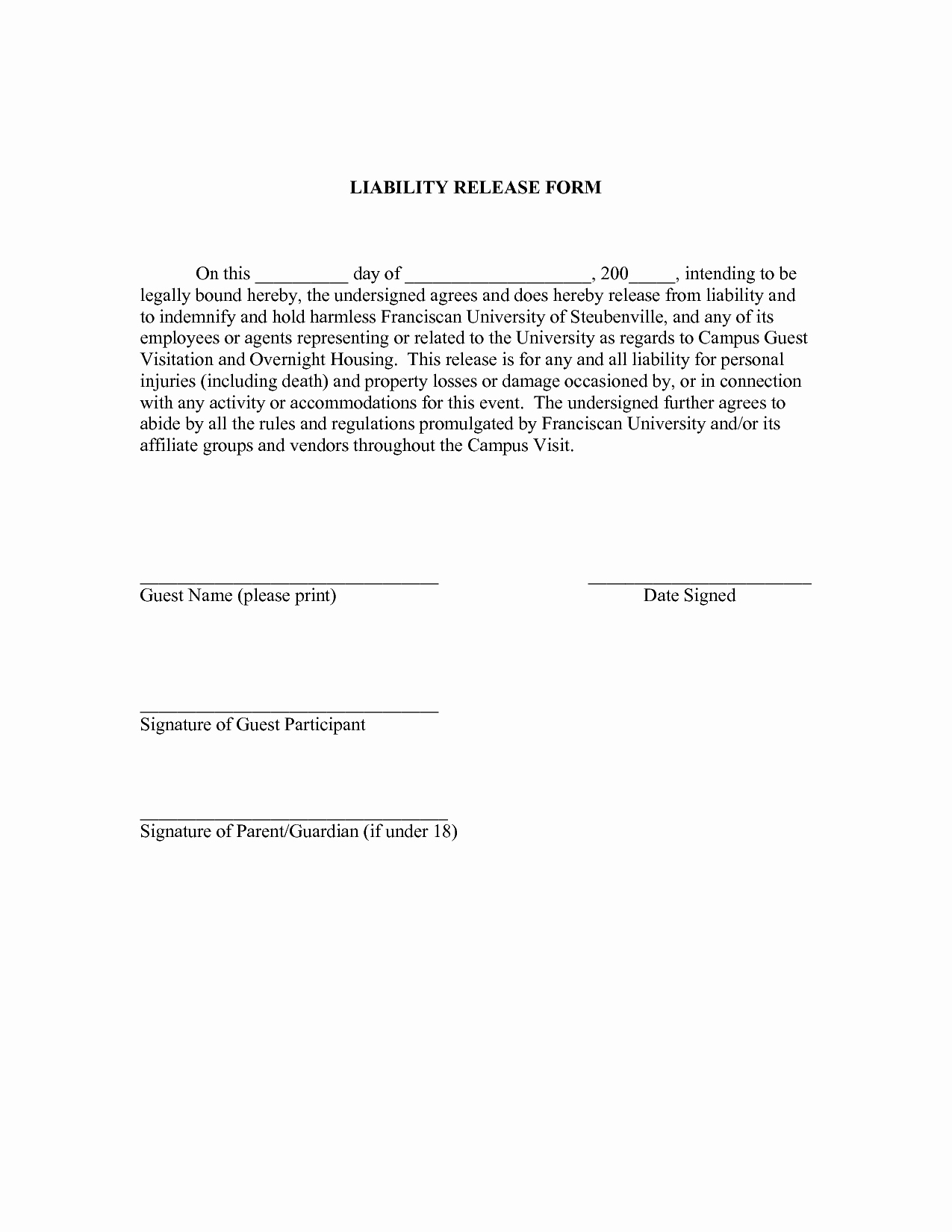 Release Of Liability form Pdf New Free Printable Liability form form Generic