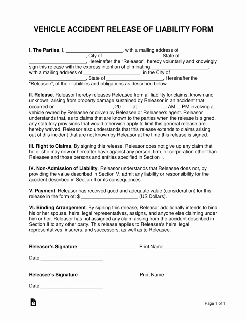Release Of Liability form Template Lovely Free Car Accident Release Of Liability form Settlement