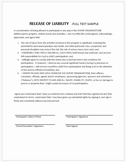 Release Of Liability form Template Lovely Release Of Liability form Sample Templates