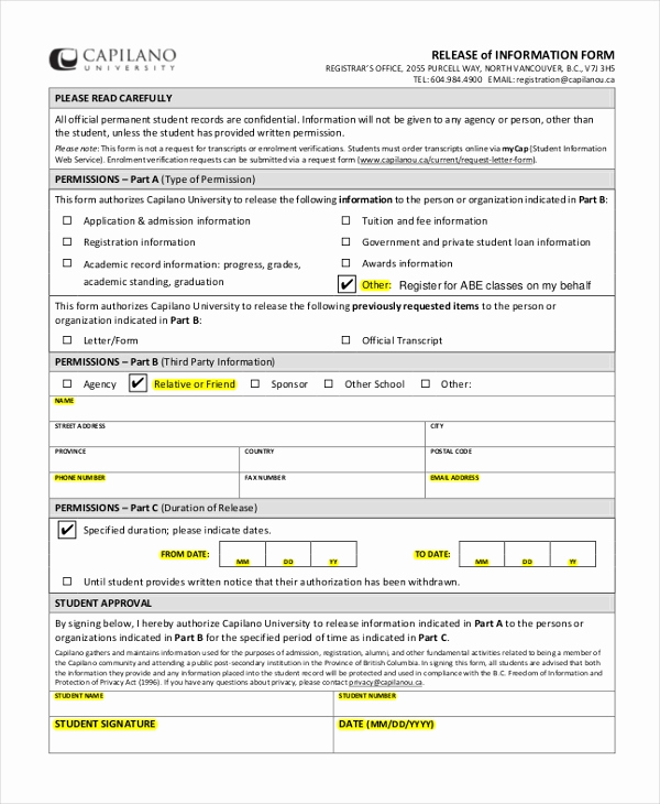 Release Of Medical Information form Beautiful Sample Release Of Information form 12 Free Documents In Pdf