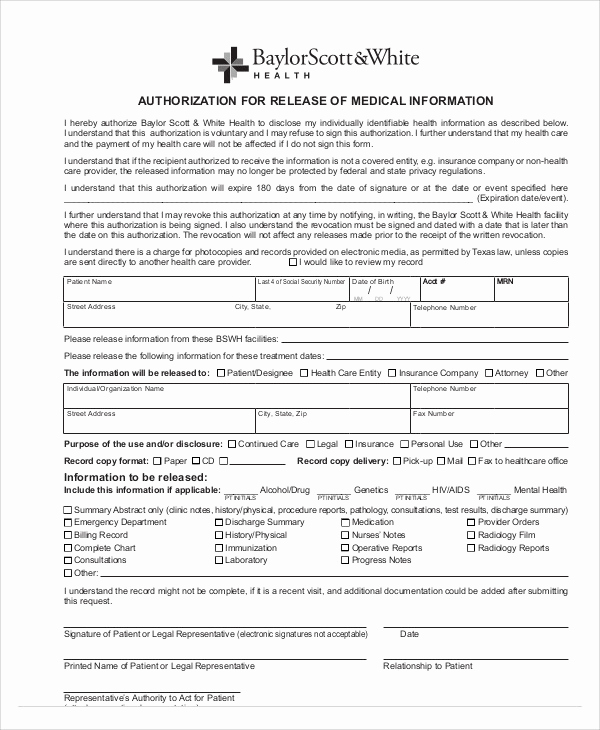 Release Of Medical Information form Luxury Medical Release Of Information form Sample 7 Examples